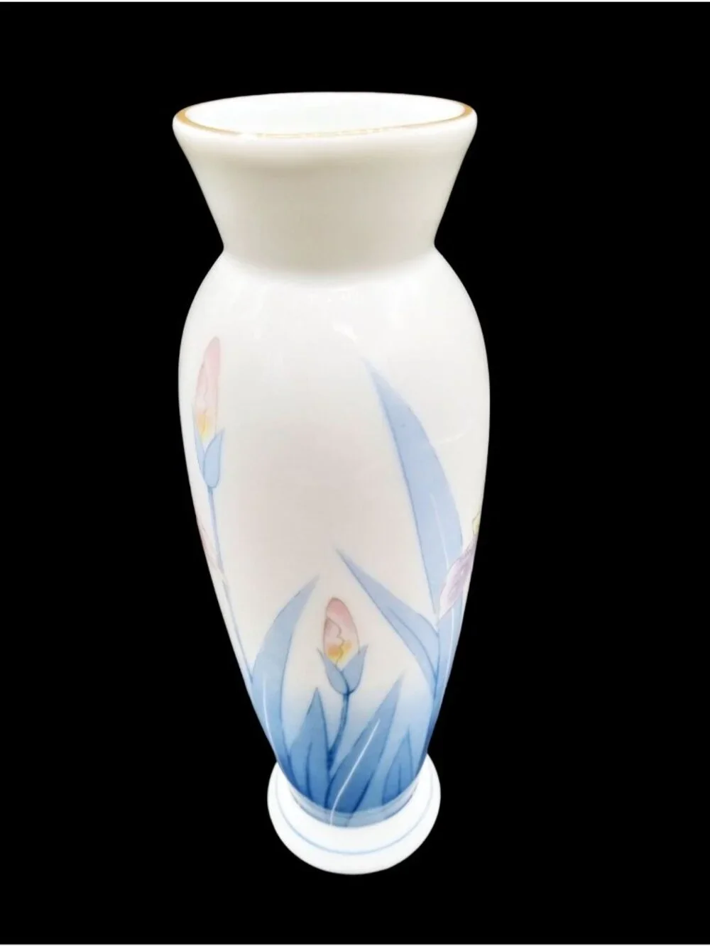 Japanese Porcelain Vase Vintage Kozan Gama Blue Iris Floral Gold Trim 6.75